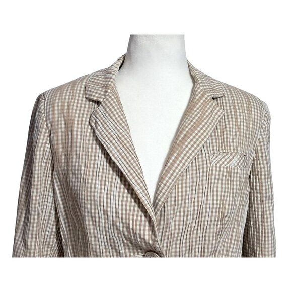 CAbi Blazer Jacket Womens SIze M Tan White Plaid Seersucker - Picture 2 of 13